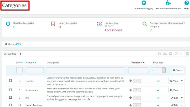 The Categories page overview
