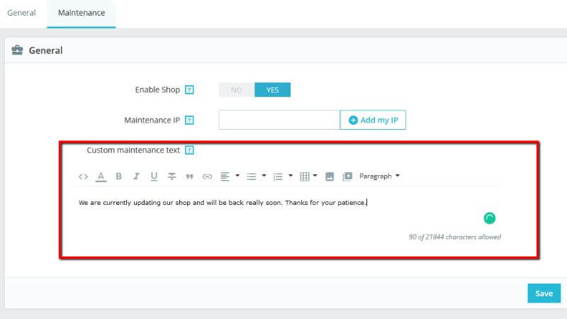 Entering a custom maintenance text