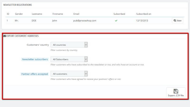 Export customers' addresses section