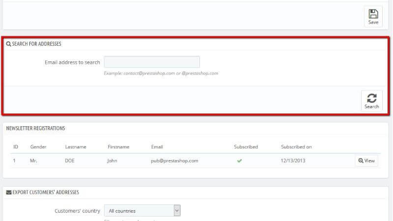 The Search for Addresses section of the Newsletter subscriptions module