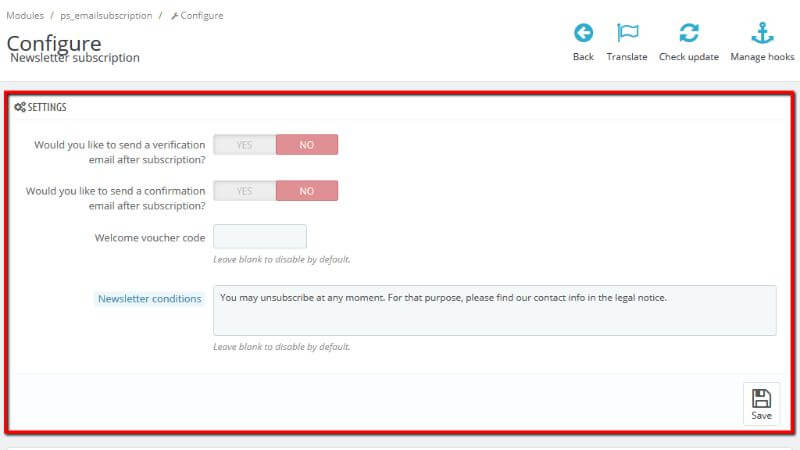Settings section from the module configuration page