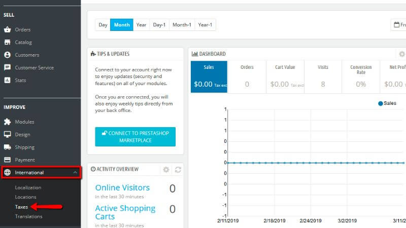 Accessing the taxes menu in prestashop