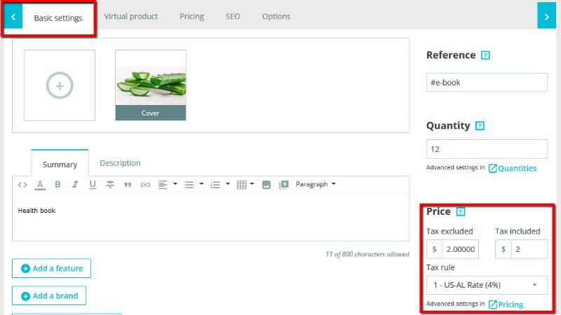 The price settings of a product