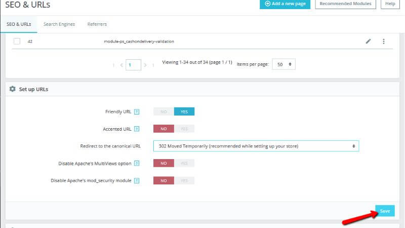 Saving the URL settings changes