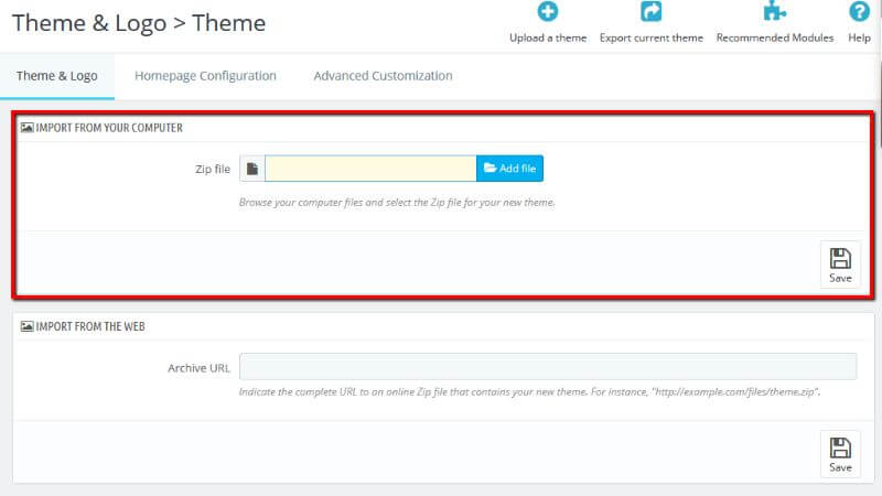 Importing theme from local computer