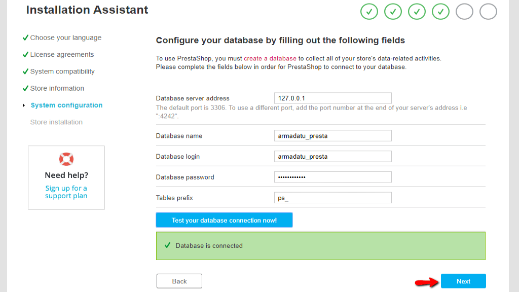 Entering the Database details