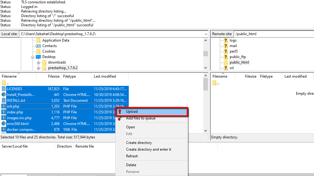 Uploading the installation files via FTP