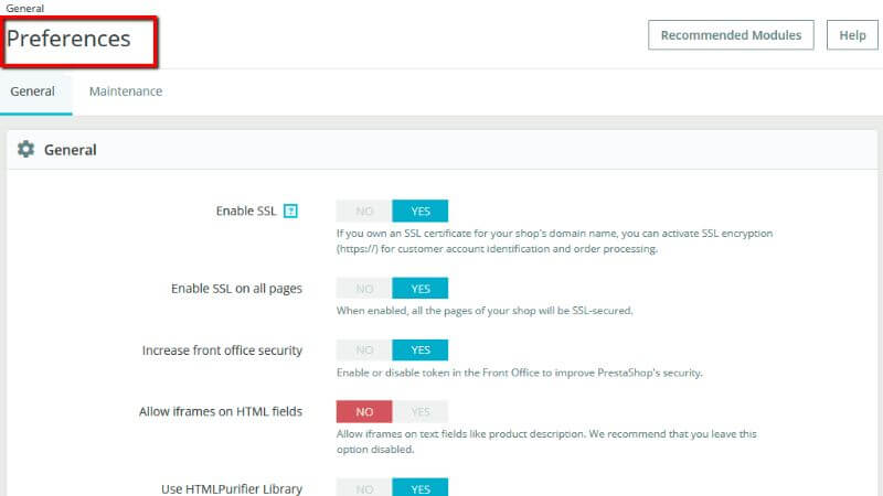 General Preferences page overview