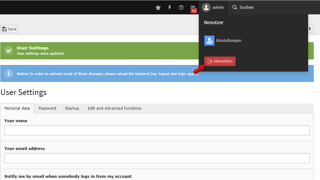 Log out from TYPO3 Admin