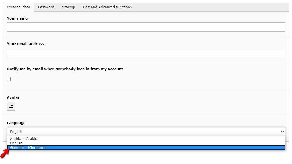 Select New TYPO3 Admin Language