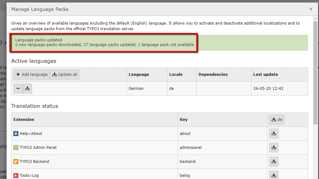 TYPO3 Language Package Updated notification