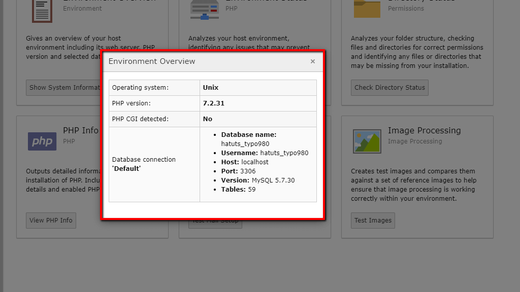 TYPO3 Operating System, PHP Version, and Database Connection