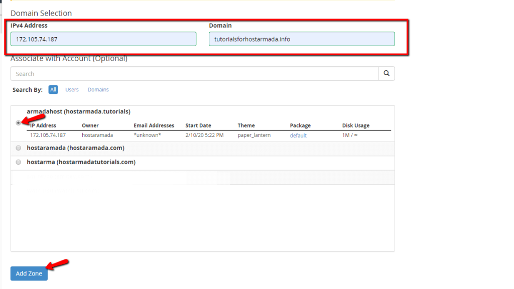 Adding DNS zone for an account