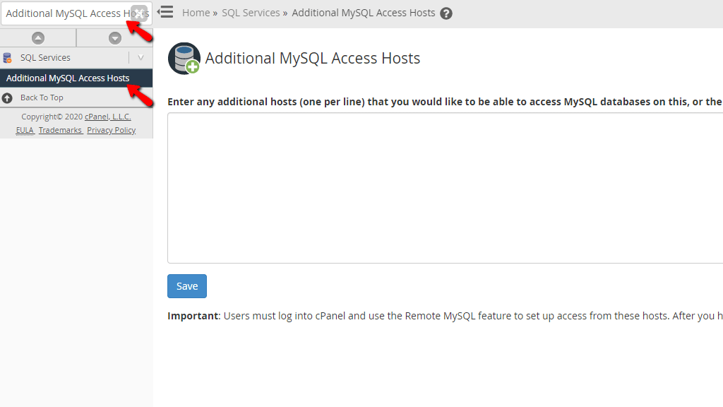 Accessing the Additional MySQL Access Hosts Feature