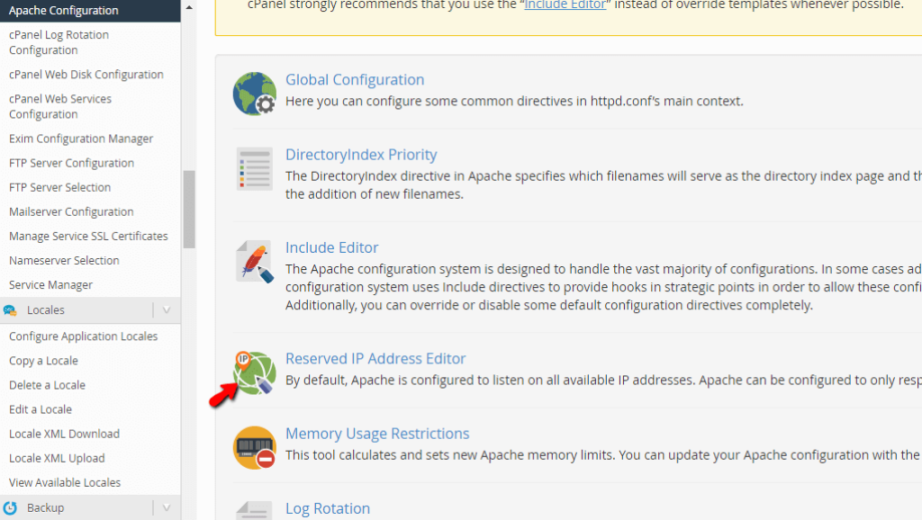 Accessing the Reserved IP Address Editor section
