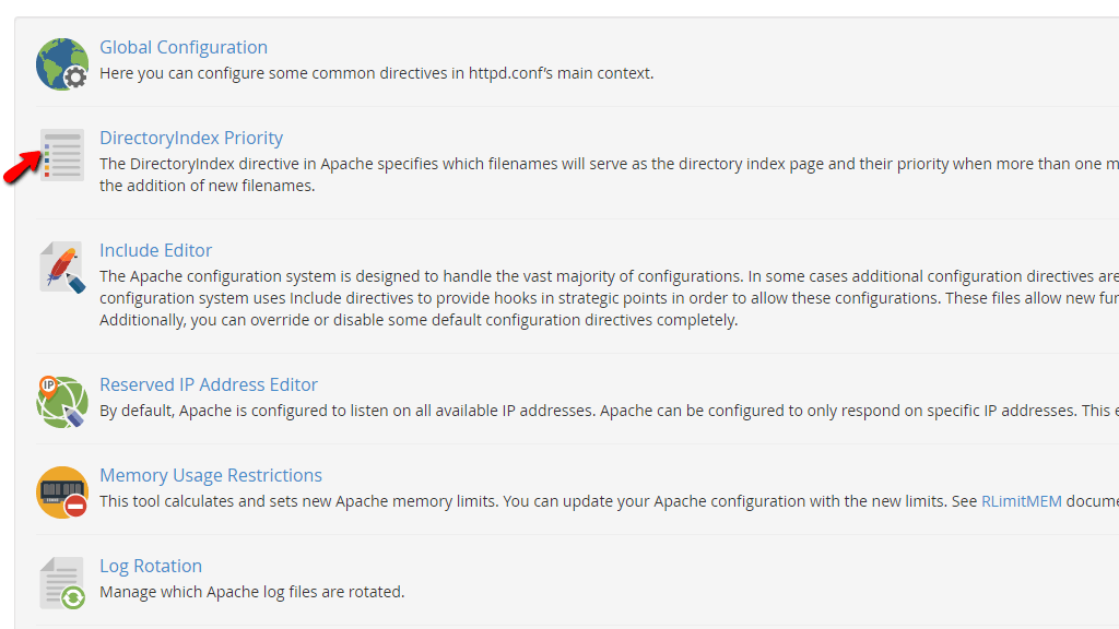 Accessing the DirectoryIndex Priority section