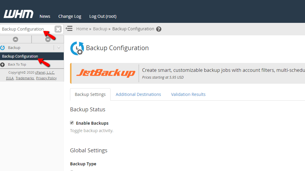 Accessing the Backup Configuration feature