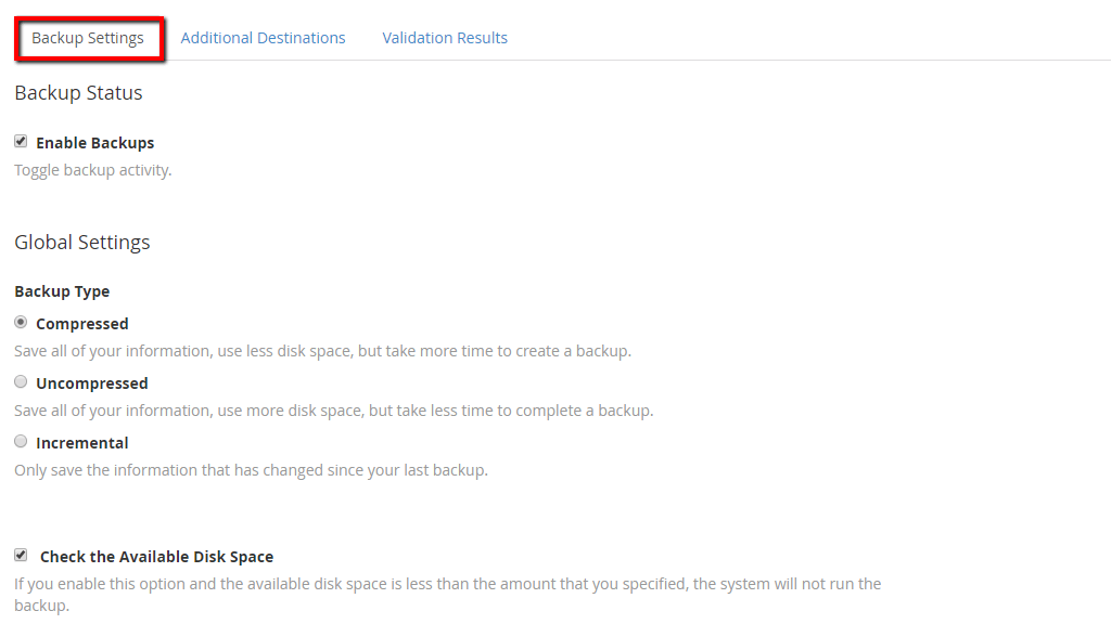 Backup Settings tab overview