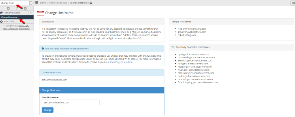 Accessing the Change Hostname feature