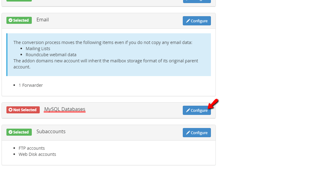 MySQL Databases section