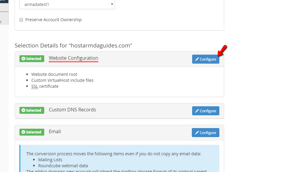 Website Configuration section