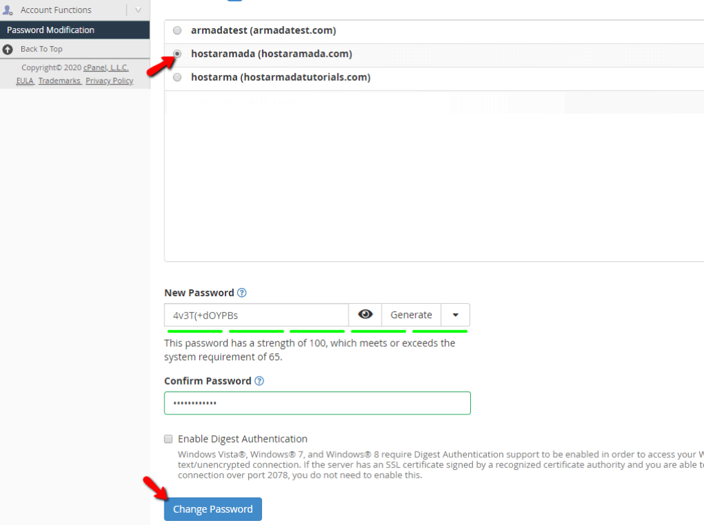 Changing the cPanel account password