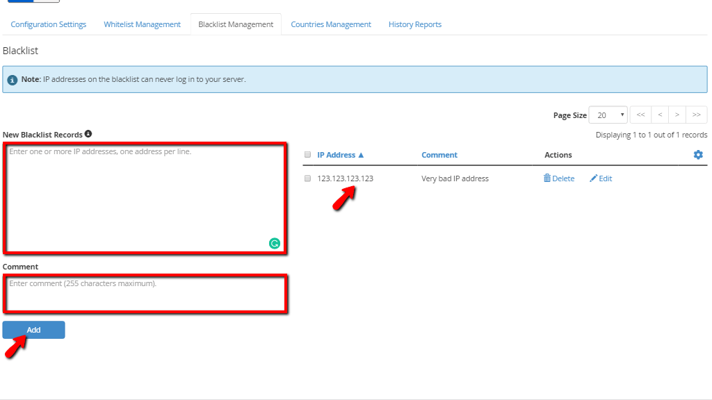 Blacklist Management tab sections