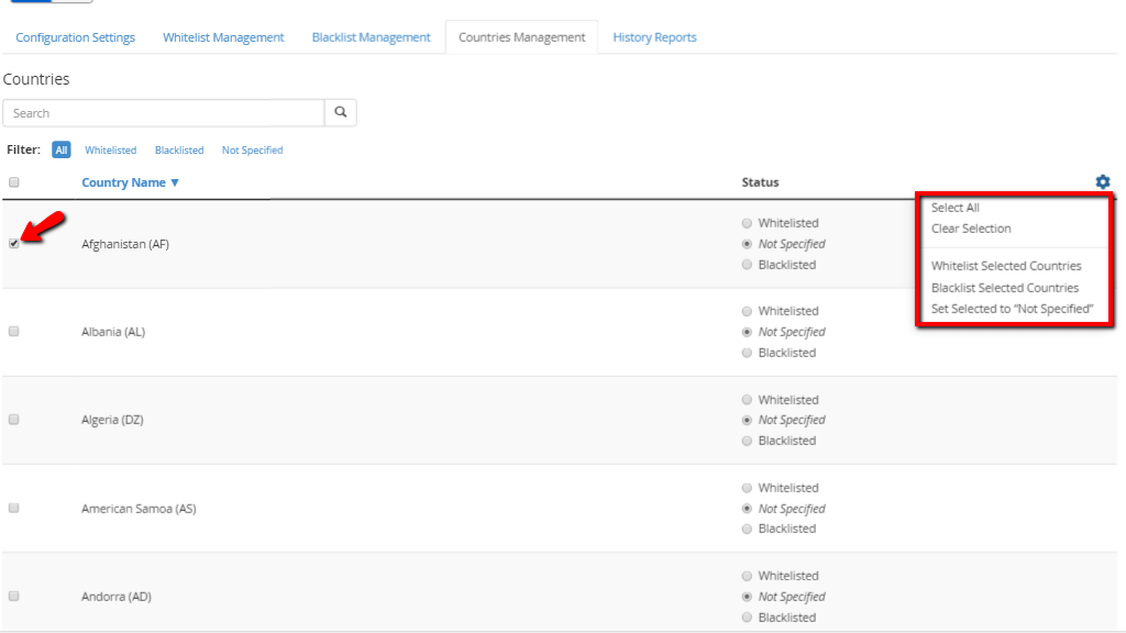 Countries Management additional options