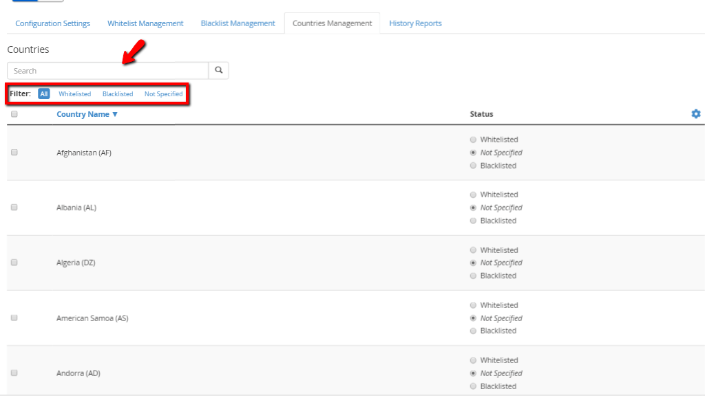 Countries Management tab sections