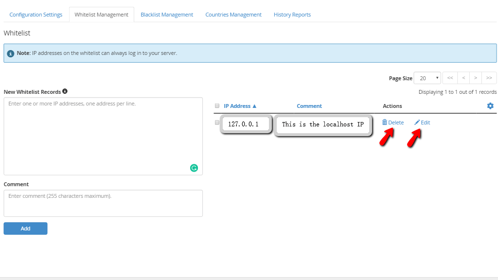Delete and Edit IP entry links
