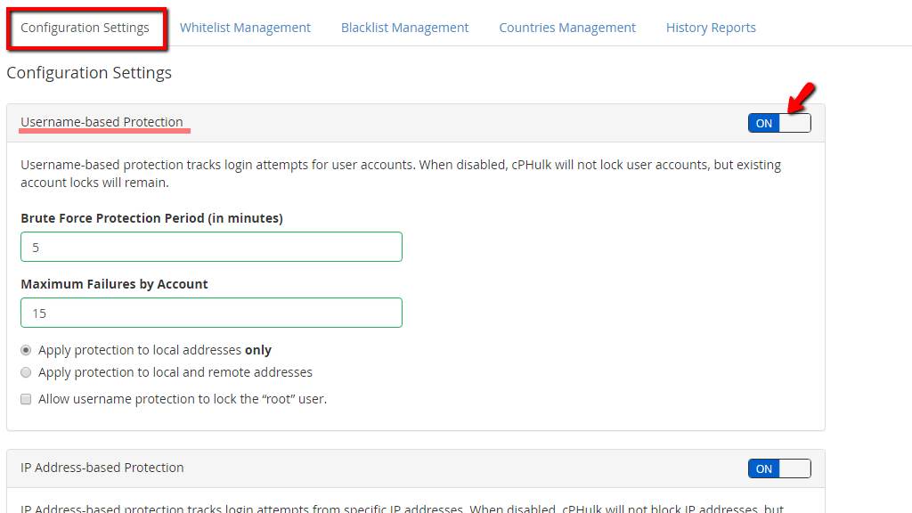 Username based Protection section overview