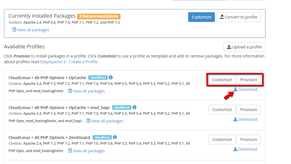 Customize, Provision and Download Profile options