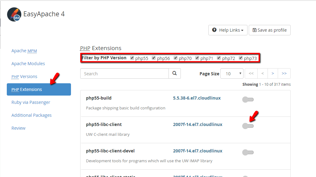 PHP Extensions tab