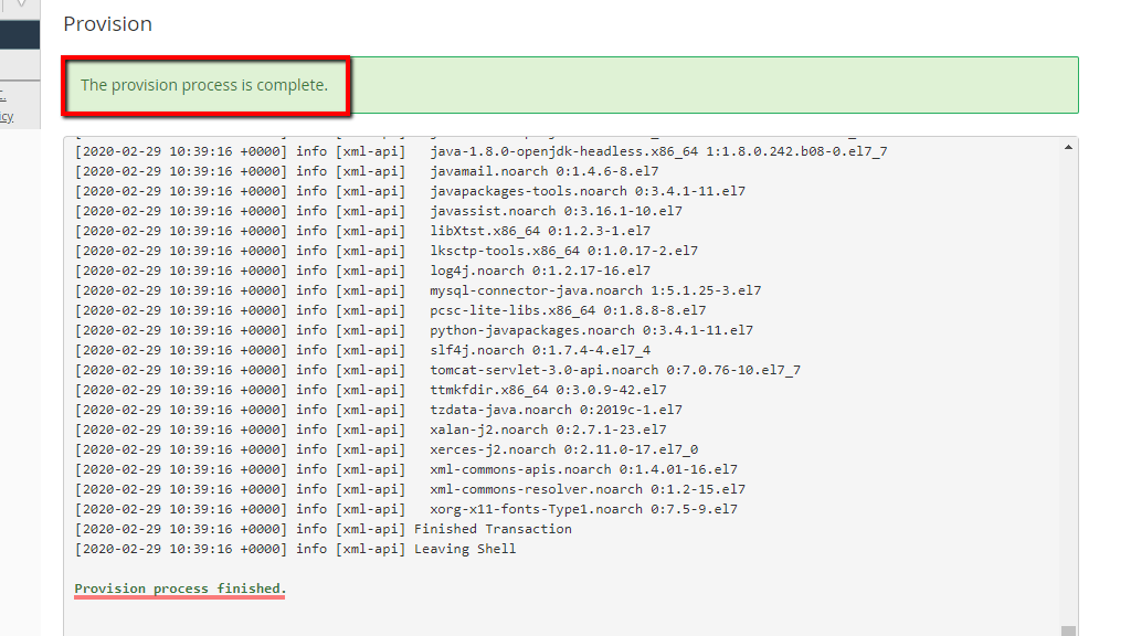 Provision process completed screen