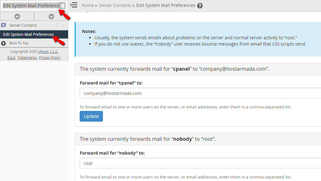 Accessing the Edit System Mail Preferences feature in WHM