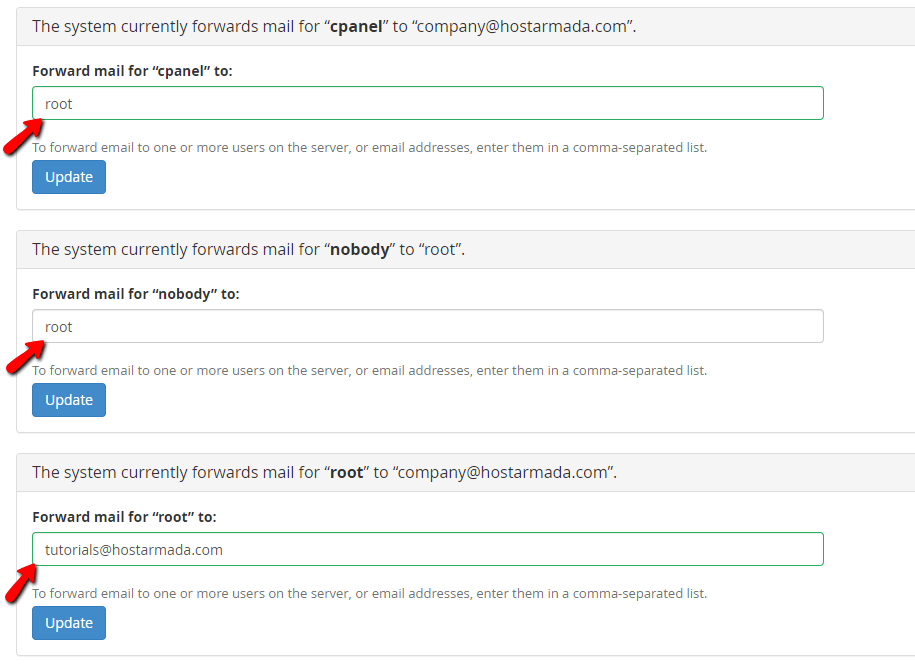 Example configuration for the mail forwarding