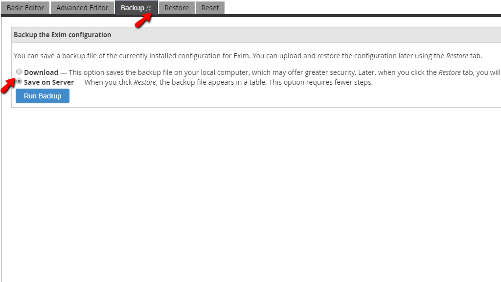 Backup the Exim configuration