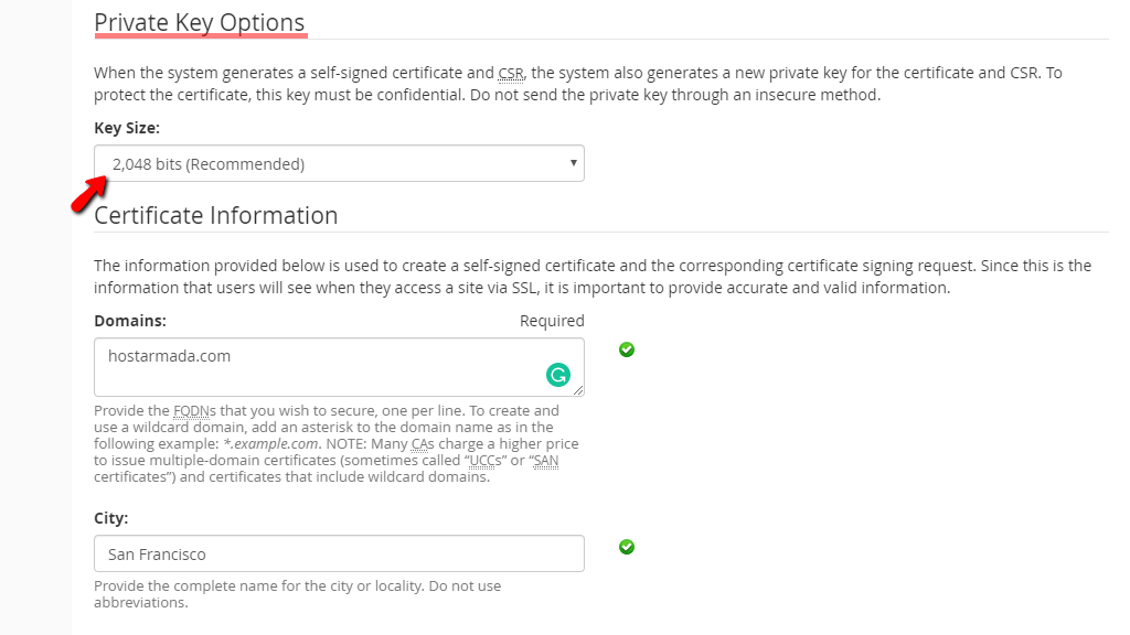 Private Key Options section