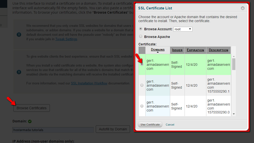 Browsing available SSL certificates