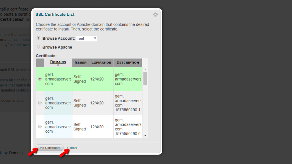 Selecting the Certificate to use