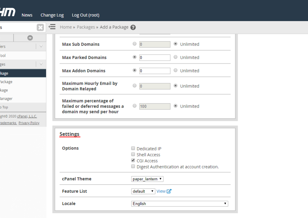 Package Settings section