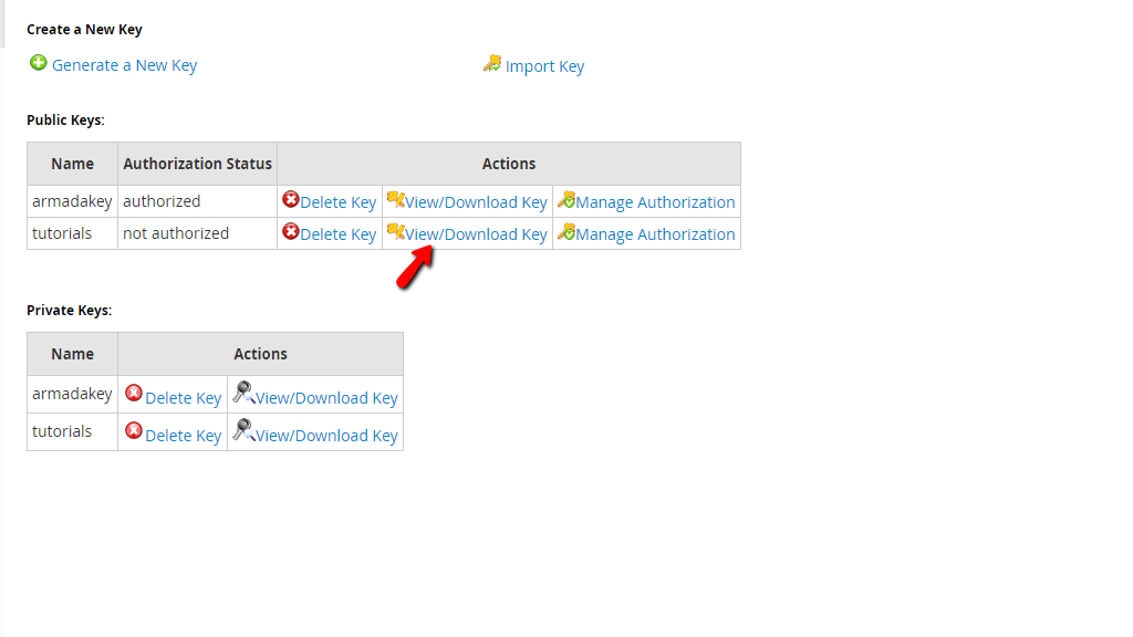 View/Download Public Key option