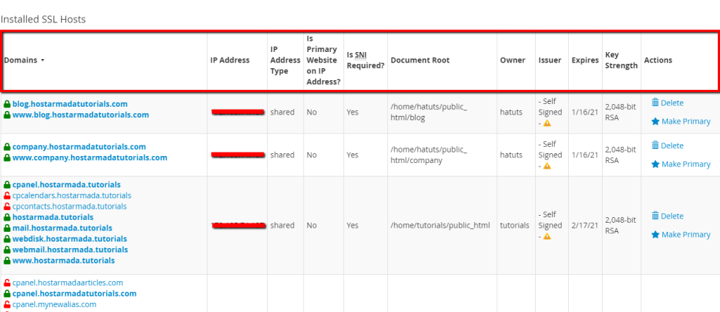 Installed SSL Hosts table