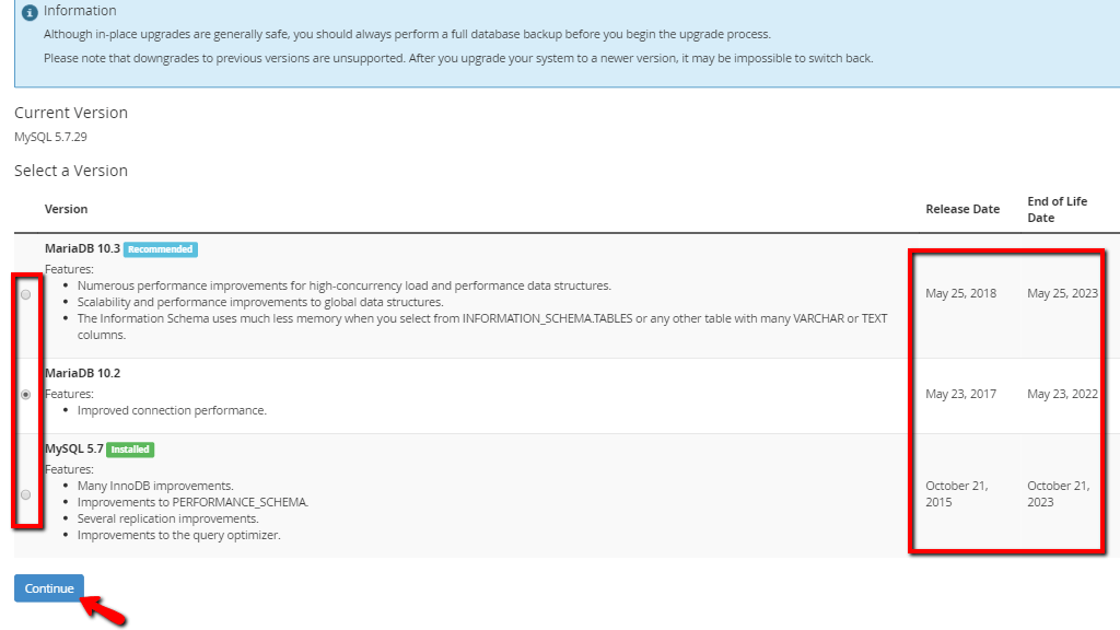 Selecting MySQL/MariaDB upgrade version