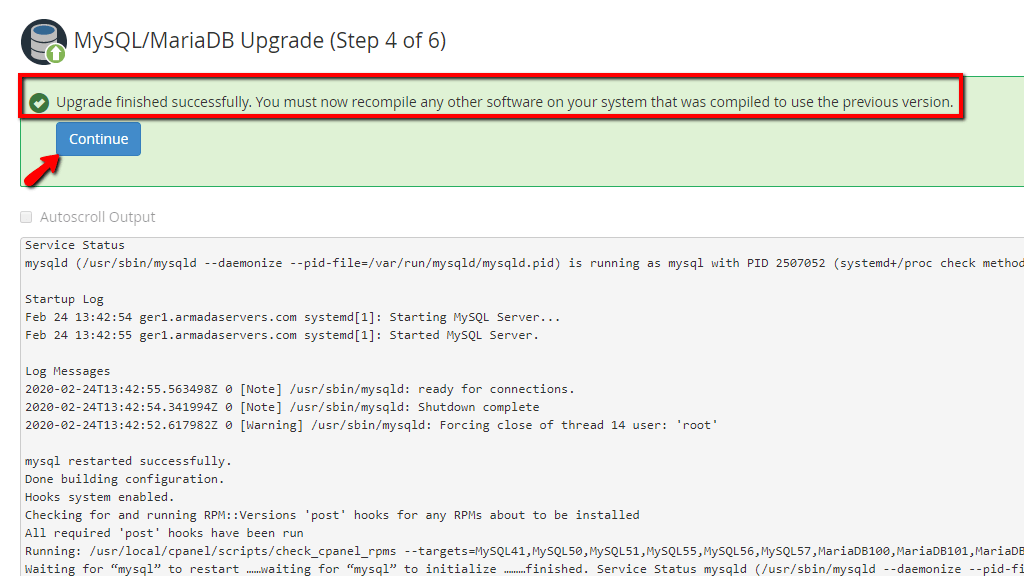 Upgrade successfully finished message