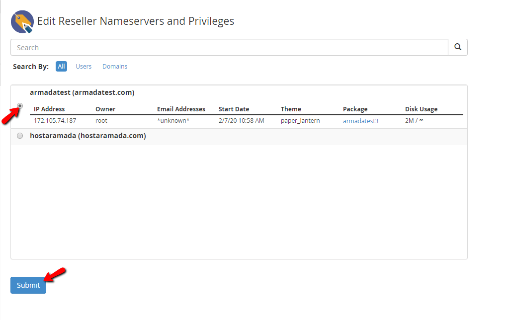 Selecting reseller account