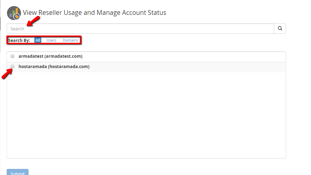 Various search options and select the reseller account