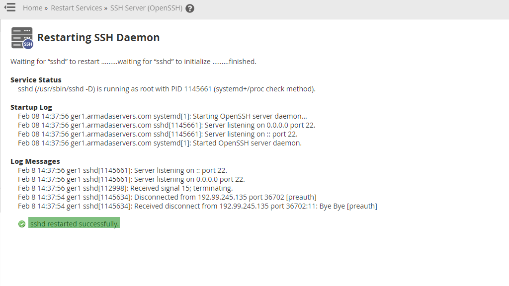 Restart the SSH Service Output