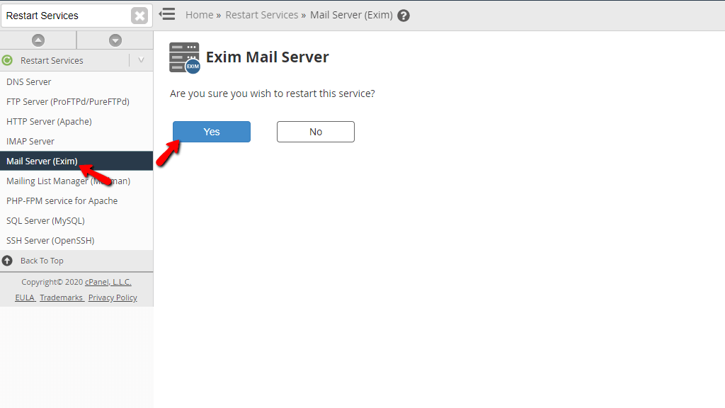Restart Exim mail server