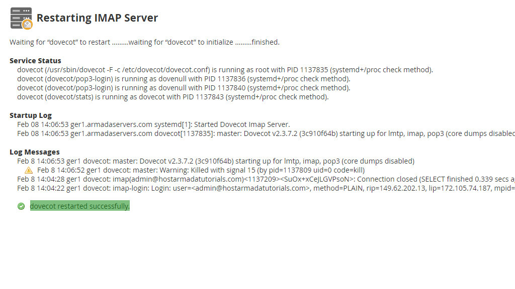 Restart IMAP server output